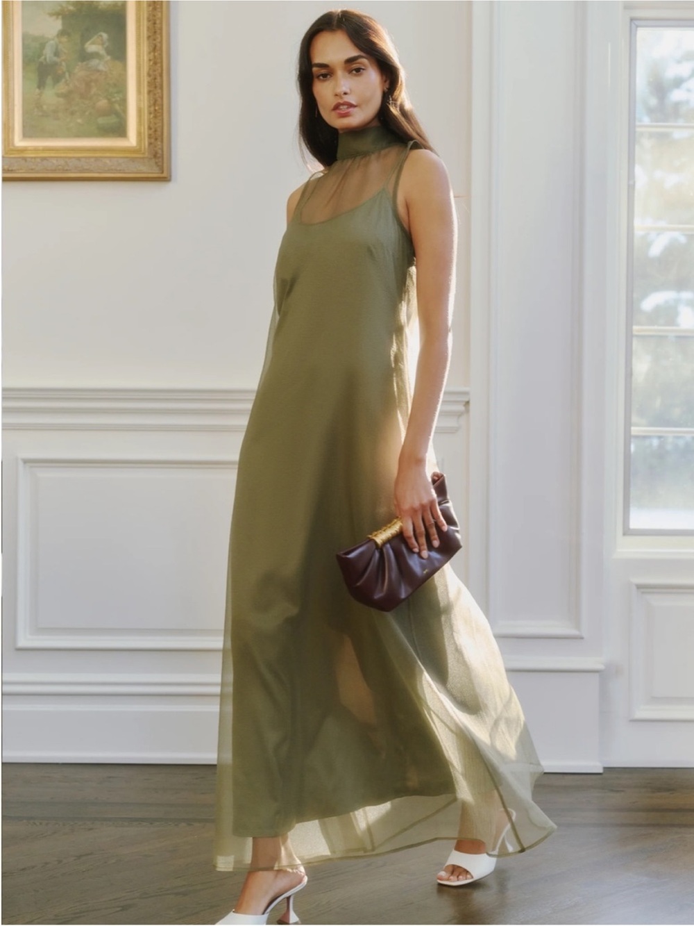 NWT CAARA Alette Organza Elegant Moss Grey Olive Few Moda Dress M - Picture 6 of 9